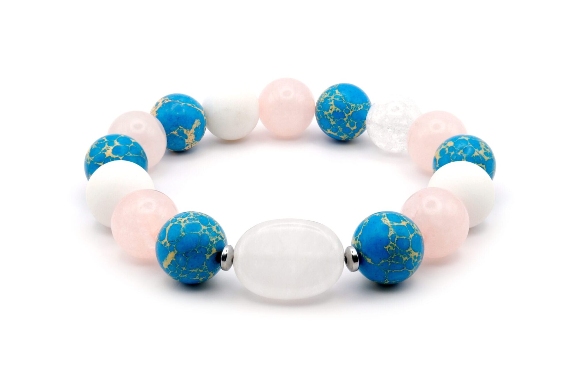 Moteriška apyrankė su rožiniu kvarcu, imperatoriškuoju jaspiu, žadeitu, kalnų krištolu ir hematitu, įkrauta Reiki energija.